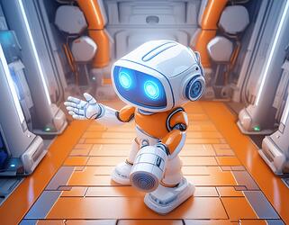 Firefly friendly humanoid, blue light robot eyes , body is in orange and white colors, holding a fut
